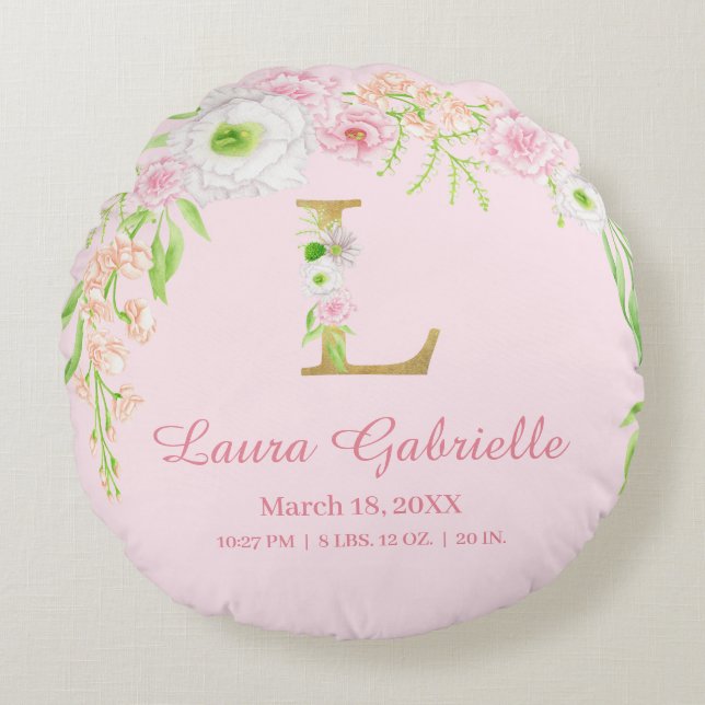  Pink Floral Monogram Baby Girl Stats Round Cushion (Front)