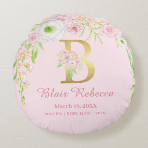 Pink Floral Monogram Baby Stats Round Cushion