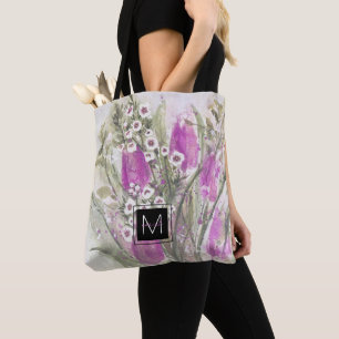 Pink floral monogram bridesmaid gift tote bag