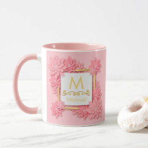 Pink Floral Monogram I Custom Gold Initial & Name Mug