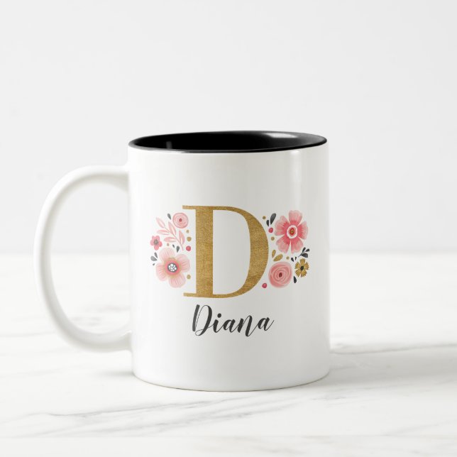 Pink Floral Monogram Initial Letter D Two-Tone Coffee Mug (Left)