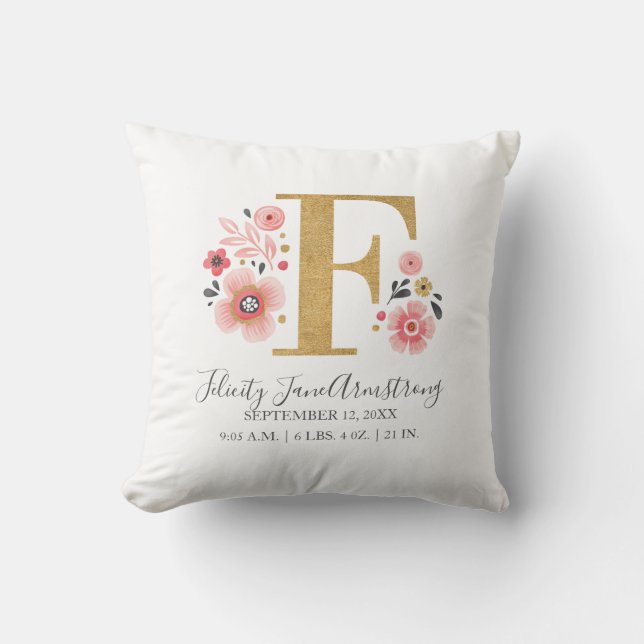 Pink Floral Monogram Initial Letter F Birth Stats Cushion (Front)
