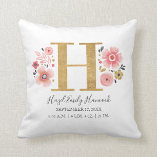 Pink Floral Monogram Initial Letter H Birth Stats Cushion