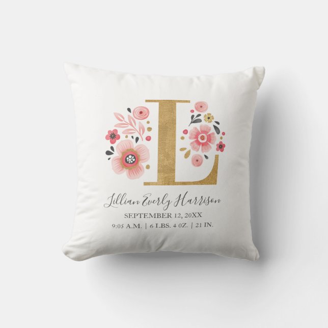 Pink Floral Monogram Initial Letter L Birth Stats Cushion (Front)