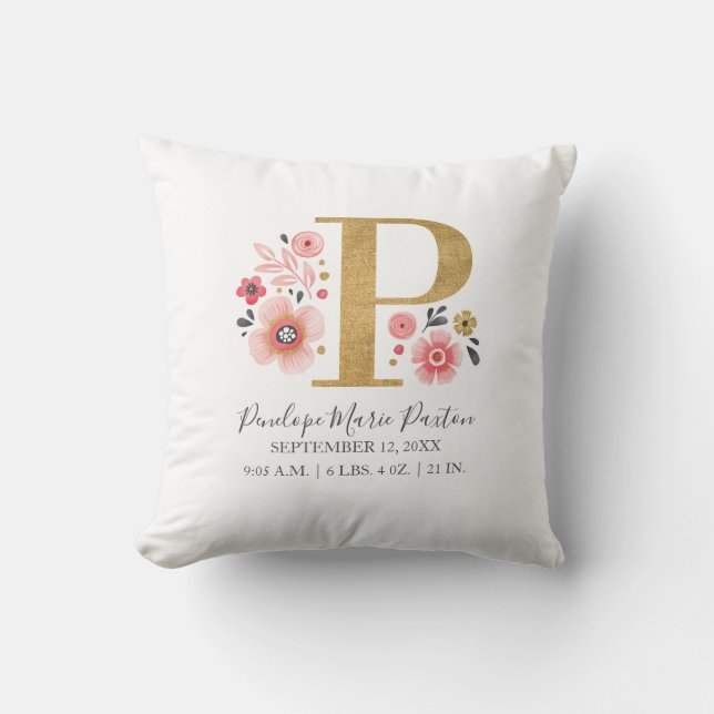 Pink Floral Monogram Initial Letter P Birth Stats Cushion (Front)