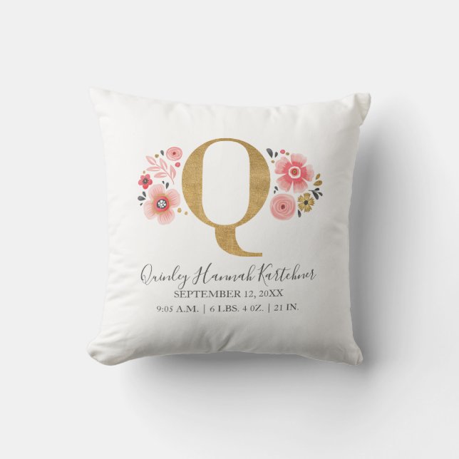 Pink Floral Monogram Initial Letter Q Birth Stats Cushion (Front)