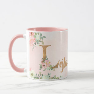 Pink floral monogram L watercolor with Name Mug