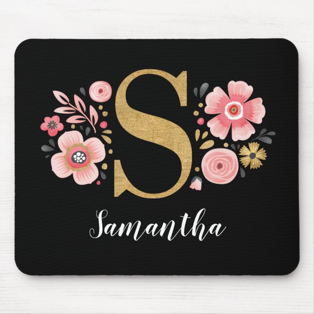 Pink Floral Monogram Mouse Pad (Front)