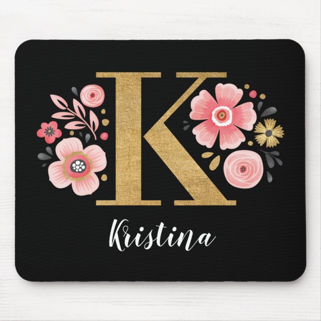 Pink Floral Monogram Mouse Pad (Front)