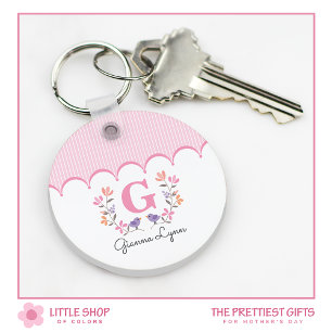 Pink Floral Monogram Stripes Key Ring