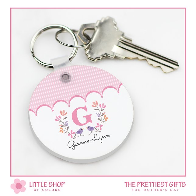 Pink Floral Monogram Stripes Key Ring (Creator Uploaded)