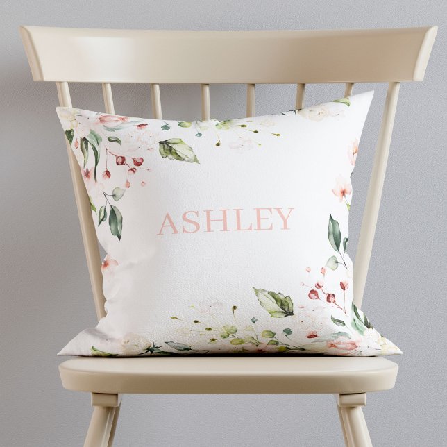 Pink Floral Monogram Watercolor Personalized Name Cushion (Creator Uploaded)