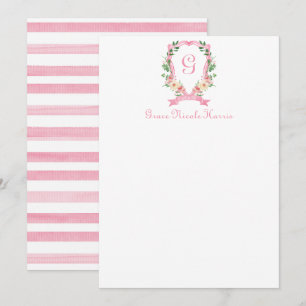 Pink Floral Monogrammed Crest Thank You Card
