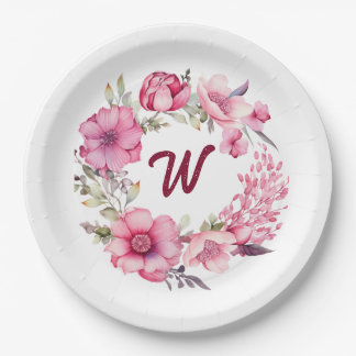 Pink Floral Monogrammed Initial Paper Plate
