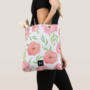 Pink Floral Monogrammed Tote Bag