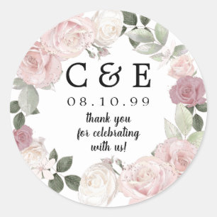 Pink Floral  Monogrammed Wedding Thank You Classic Round Sticker
