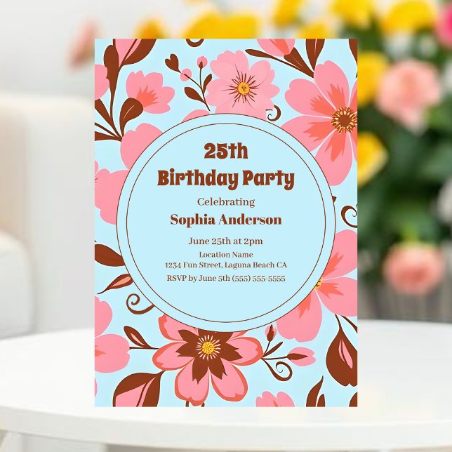 Pink Floral Mood – Pastel Vibes-Retro Flowers Invitation (Pink Floral Mood – Pastel Vibes Invitation-Birthday Party Invitation)