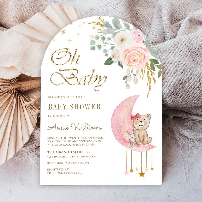 Pink Floral Moon Cute Teddy Bear Arch Baby Shower Invitation (Creator Uploaded)