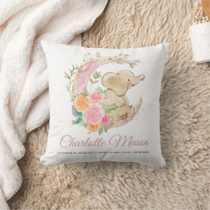 Pink Floral Moon Elephant Baby Girl Birth Stats Cushion