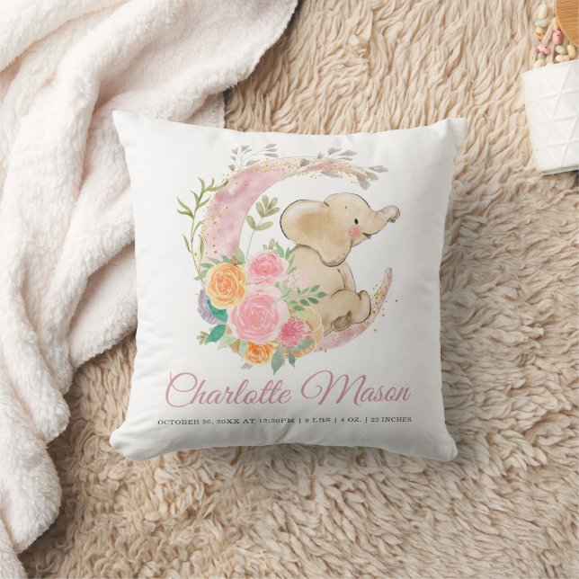 Pink Floral Moon Elephant Baby Girl Birth Stats Cushion (Blanket)