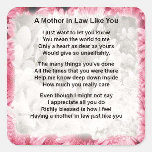 Pink Floral - Mother in Law Poem Square Sticker