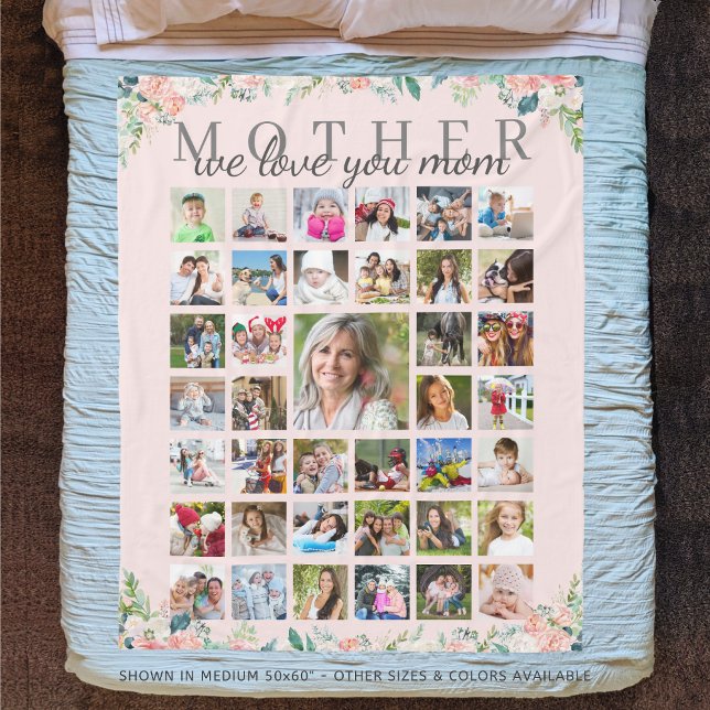 Pink Floral MOTHER We Love You Photo Collage Fleece Blanket (Creator Uploaded)
