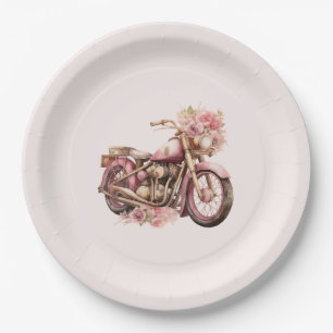 Pink Floral Motorcycle Birthday Paper Plate