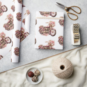 Pink Floral Motorcycle Birthday Wrapping Paper