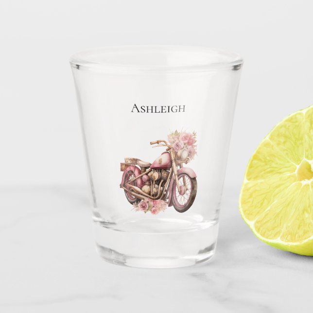 Pink Floral Motorcycle   Shot Glass (Front)