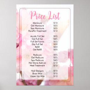 Pink Floral Nail Salon Price List Menu  Poster