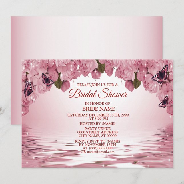 Pink Floral Nature Butterfly Outdoor Bridal Shower Invitation (Front/Back)