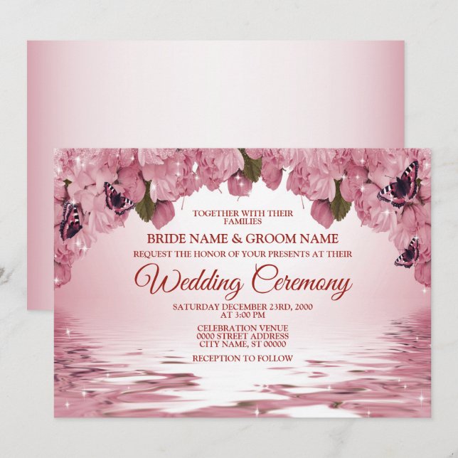Pink Floral Nature Butterfly Outdoor Wedding Invitation (Front/Back)