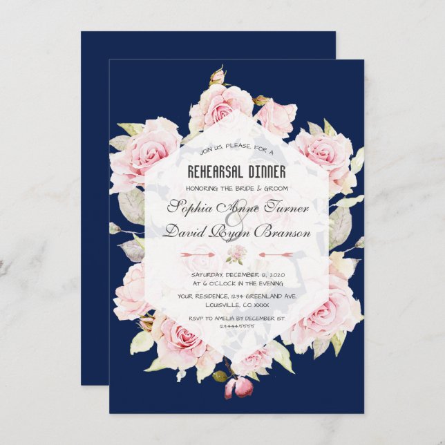 Pink Floral Navy Blue Geometric Rehearsal Dinner Invitation (Front/Back)