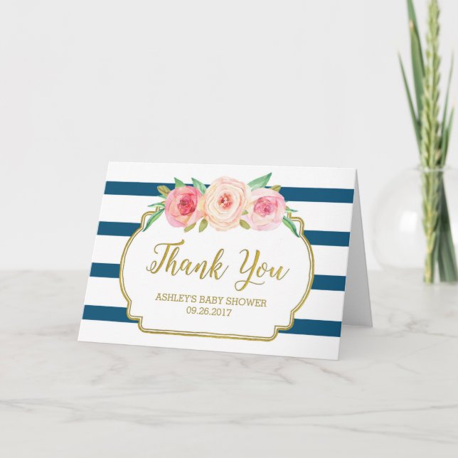 Pink Floral Navy Stripes Baby Shower Thank You (Front)