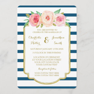 Pink Floral Navy Stripes Gold Wedding Invitations