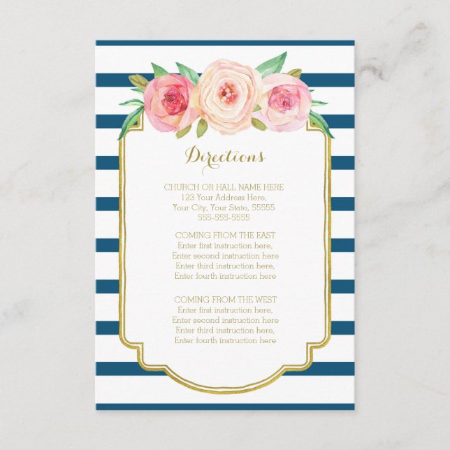 Pink Floral Navy Stripes Wedding Direction Insert (Front)