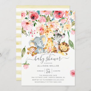 Pink Floral Neutral Safari Animals Baby Shower Invitation