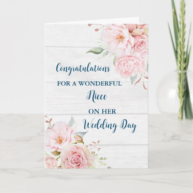 Pink Floral Niece Wedding Day Congratulations Card (Front)