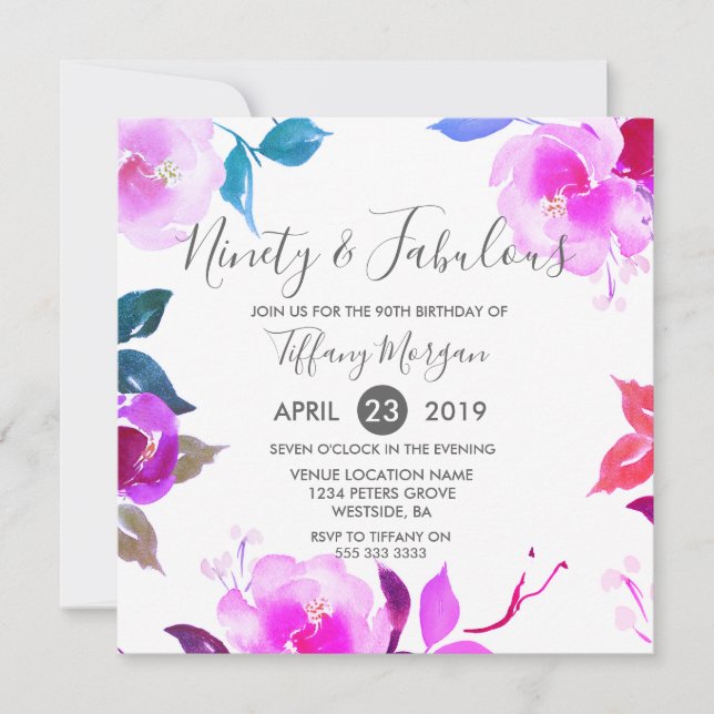 Pink Floral Ninety & Fabulous 90th Birthday Party Invitation (Front)