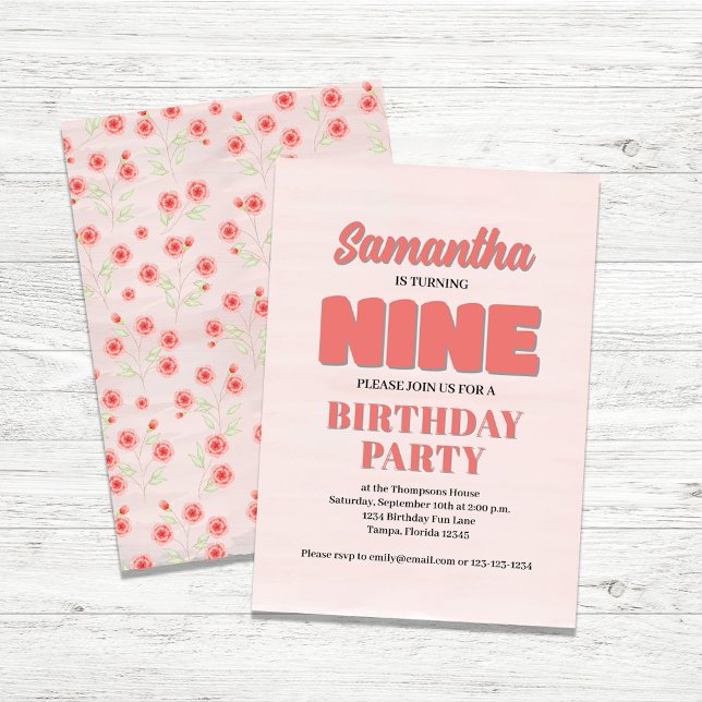 Pink Floral Ninth Birthday Girl Party Template (Girl's ninth birthday party invitation.)