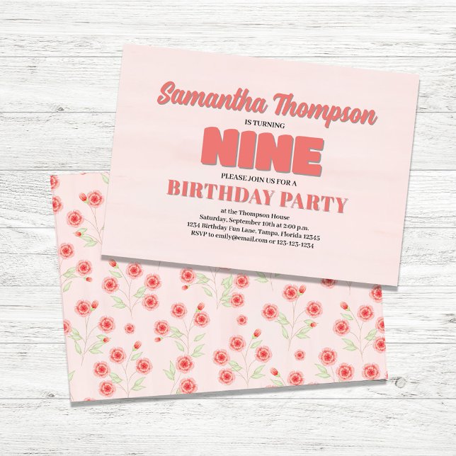 Pink Floral Ninth Birthday Girl Party Template (Ninth Birthday Girl Custom Party Invitations.)