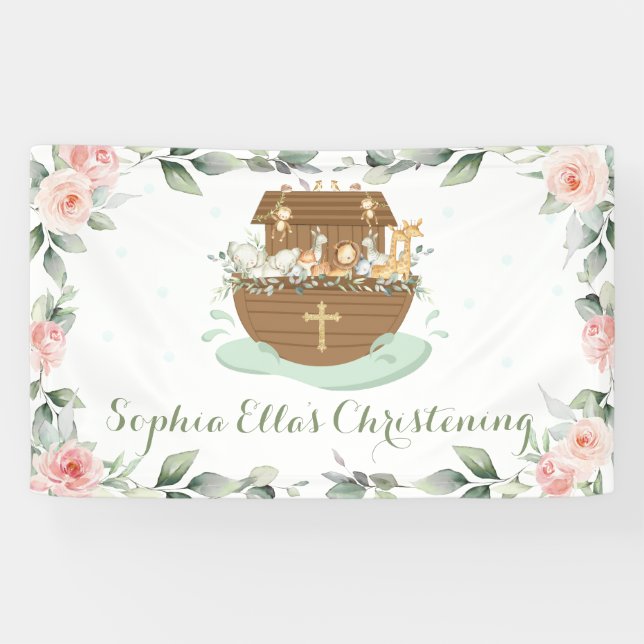 Pink Floral Noah's Ark Baptism Welcome Backdrop Banner (Horizontal)