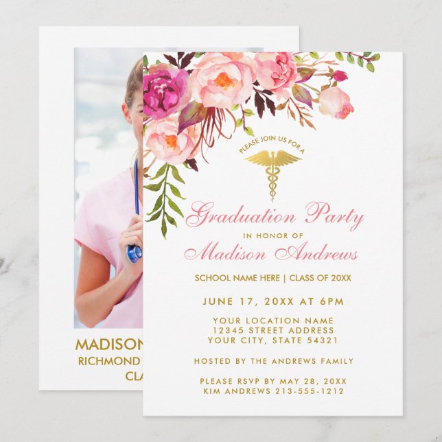 Pink Floral Nurse Grad Party Invite - Back Photo (Front/Back)