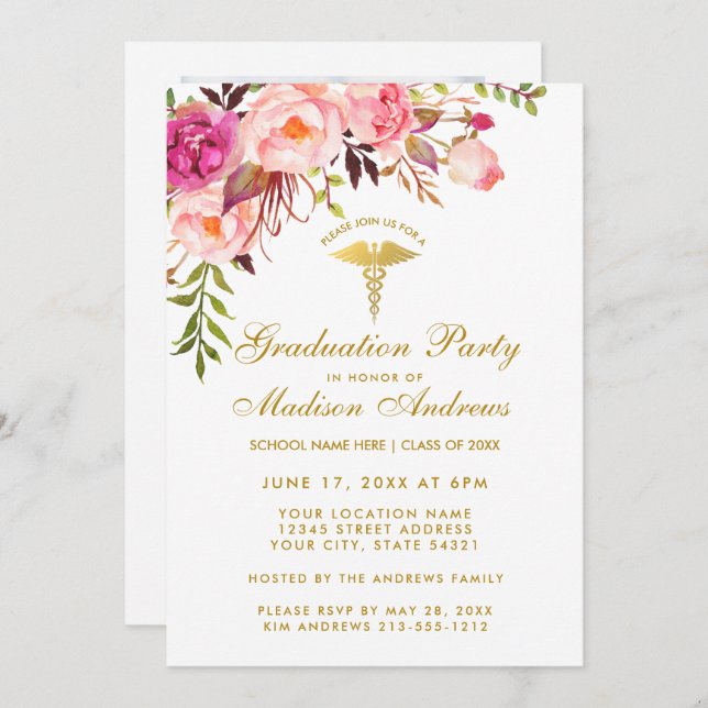 Pink Floral Nurse Grad Party Invite - Photo Back (Front/Back)
