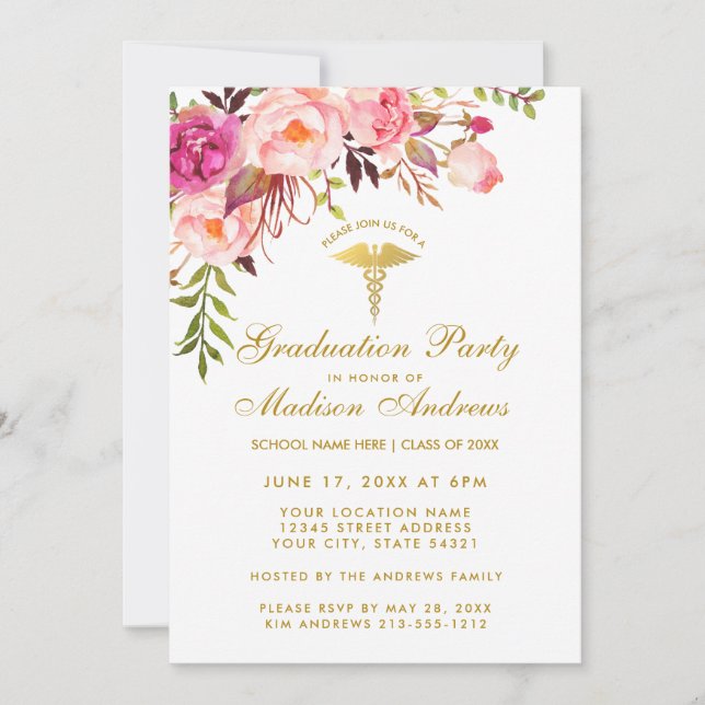 Pink Floral Nurse Graduation Party Invite G (Front)