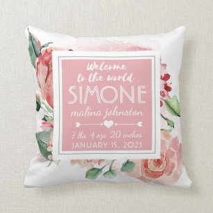Pink Floral Nursery Welcome to the World Baby Cushion