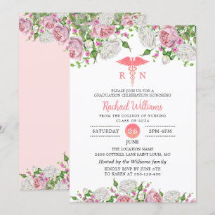 Pink Floral Nursing School Graduation Party Invitation
