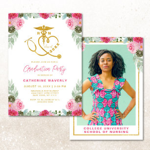 Pink Floral Nursing School Photo Graduation Invita Invitation