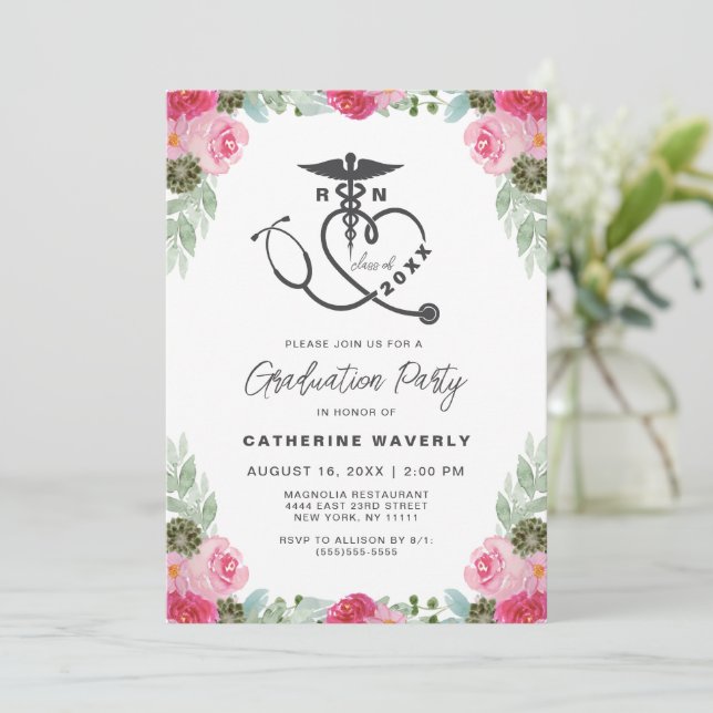 Pink Floral Nursing School Photo Graduation Invitation (Standing Front)