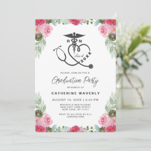Pink Floral Nursing School Photo Graduation Invitation